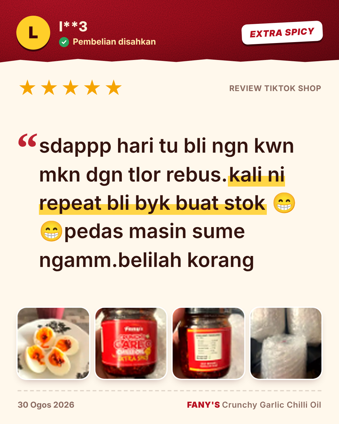 Review 5 bintang dari l**3 (Extra Spicy): sdappp hari tu bli ngn kwn mkn dgn tlor rebus. kali ni repeat bli byk buat stok. pedas masin sume ngamm. belilah korang