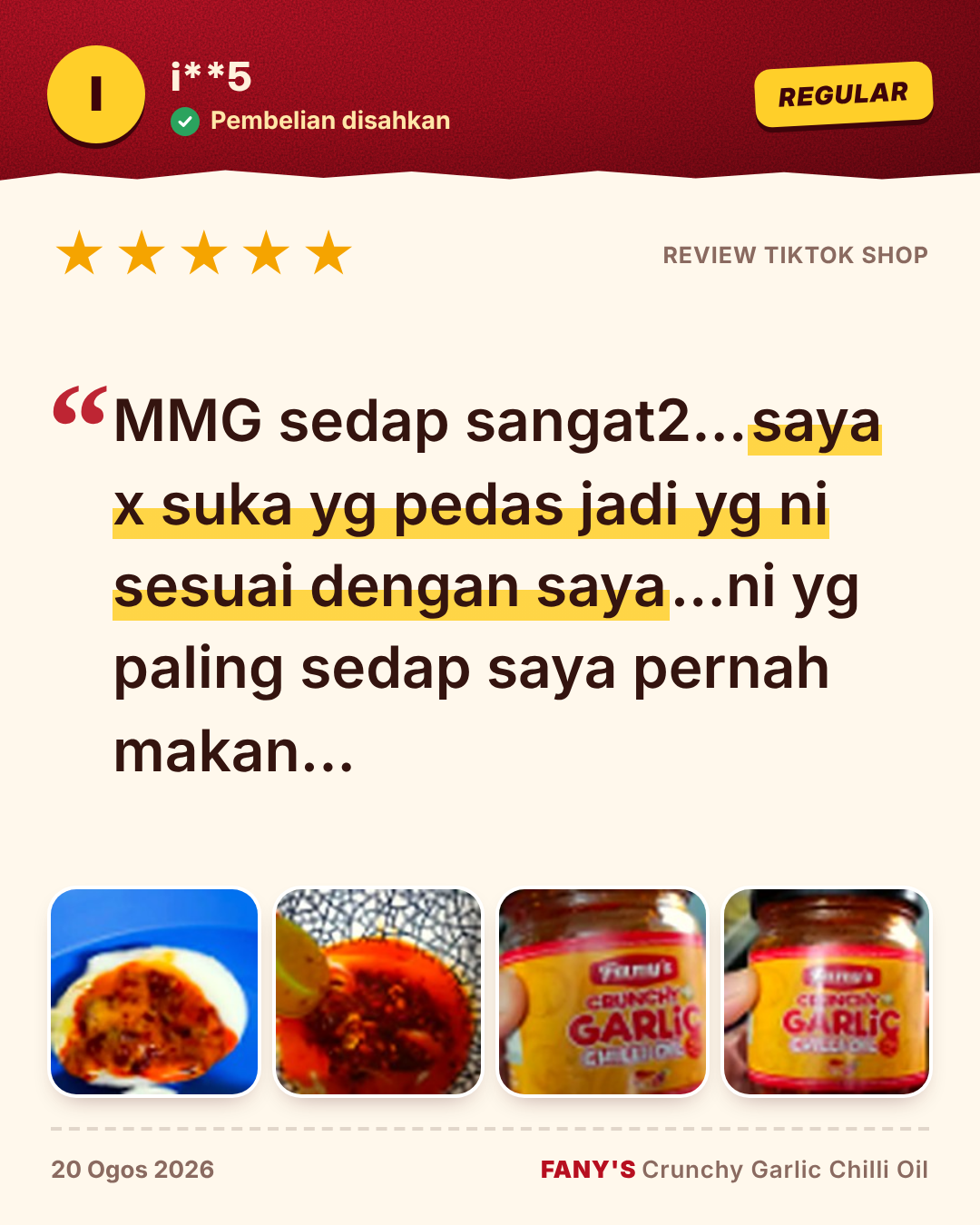 Review 5 bintang dari i**5 (Regular): MMG sedap sangat2... saya x suka yg pedas jadi yg ni sesuai dengan saya... ni yg paling sedap saya pernah makan...