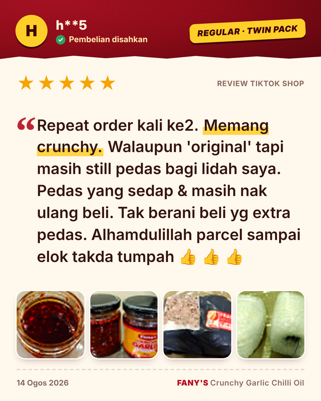 Review 5 bintang dari h**5 (Regular Twin Pack): Repeat order kali ke2. Memang crunchy. Pedas yang sedap dan masih nak ulang beli. Parcel sampai elok takda tumpah