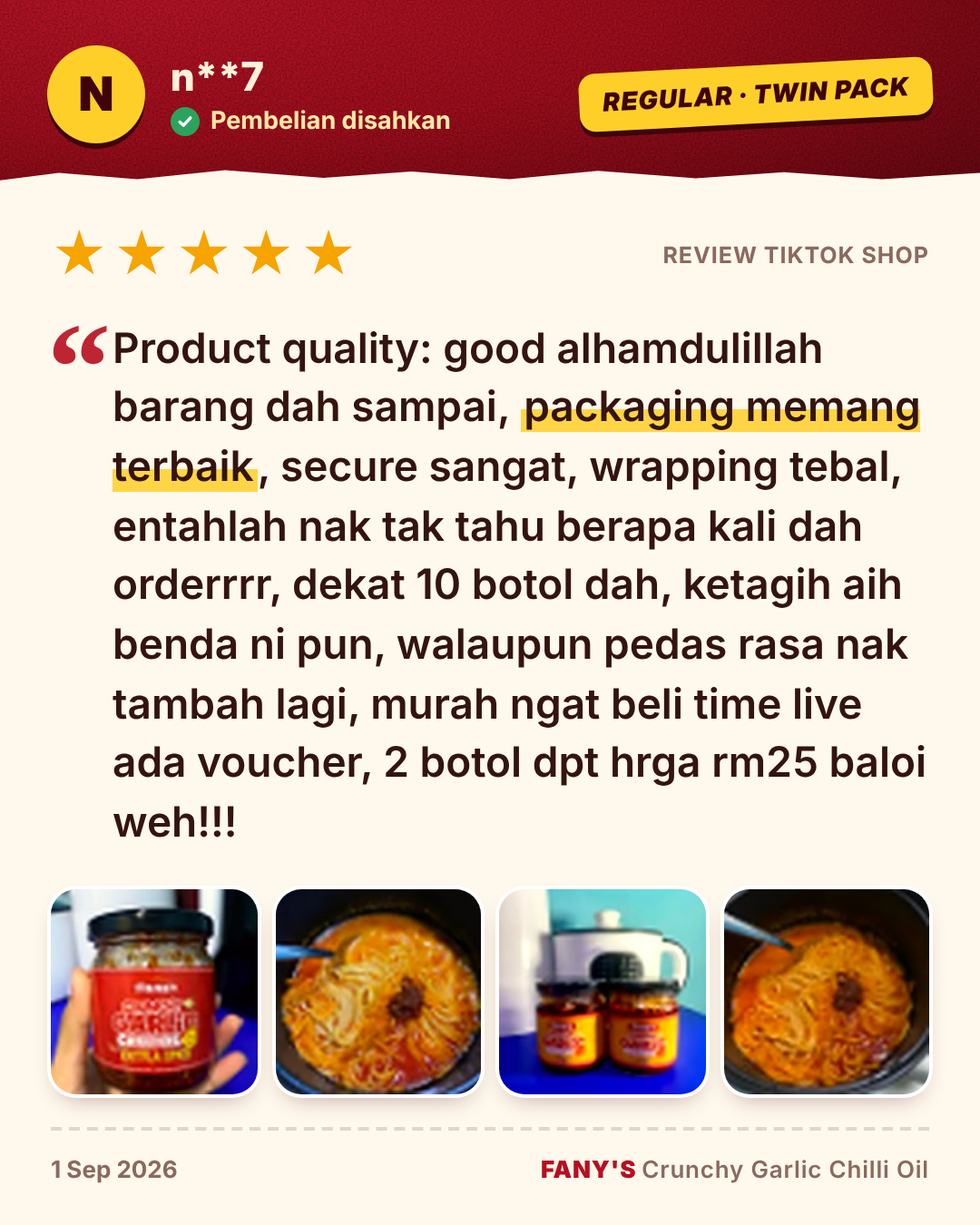 Review 5 bintang dari n**7 (Regular Twin Pack): packaging memang terbaik, secure sangat, wrapping tebal, dekat 10 botol dah order, ketagih